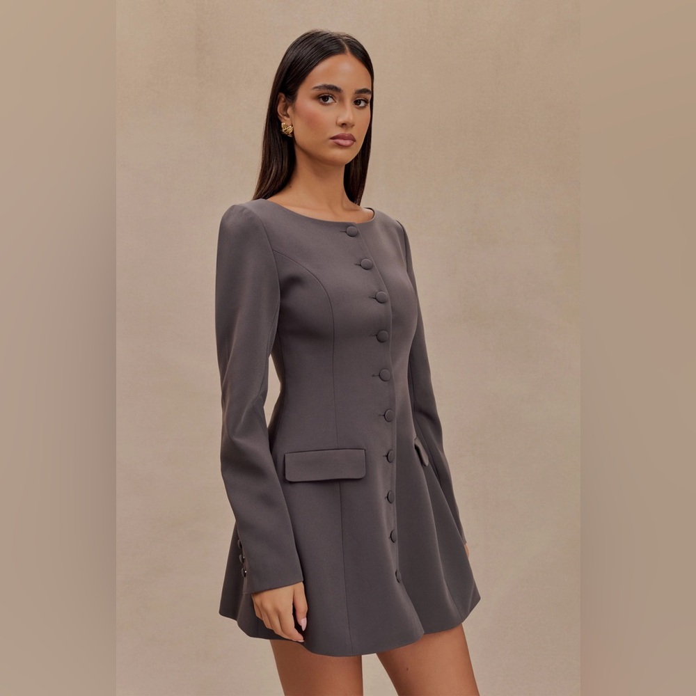 Meshki Jodie Boat Neck Suiting Mini Dress Charcoal Grey Tailored Long-Sleeve